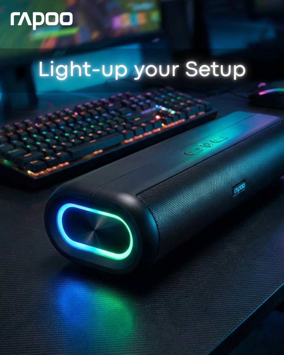 Rapoo_In's tweet photo. Light up your setup.
Some desks feel alive the moment the sound comes on and the mood settles in.

#RapooSoundbars #RGBLighting #GamingSetup #RGBAudio #GamingAesthetic #SetupGoals #TechSetup #DeskAesthetics #GamingGear #RGBSetup #WirelessAudio #RisewithRapoo #RapooIndia https://t.co/x8wPU77Gde