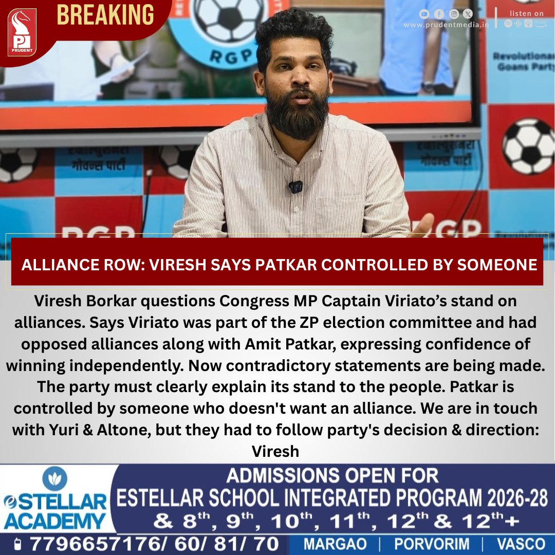 prudentgoa's tweet photo. Alliance Row: Viresh Says Patkar Controlled By Someone
#PoliticalClarity #CongressAlliances #ZPElections #VireshBorkar #CaptainViriato #PoliticalAccountability #AllianceDebate #LocalPolitics #ElectionStrategy #TransparencyInPolitics https://t.co/RvSEuVHDjP