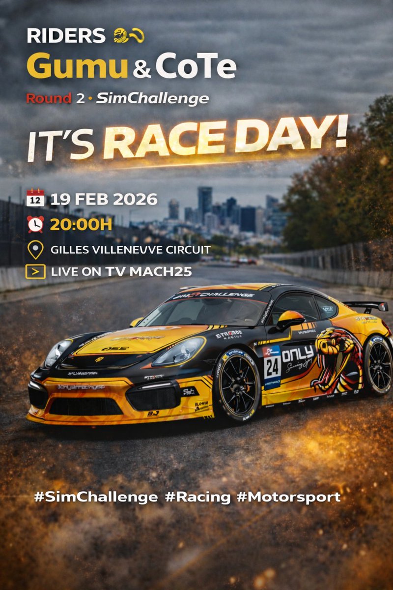 OnlysimracingSp's tweet photo. 🔥 ¡ES DÍA DE CARRERA! 🔥
La adrenalina vuelve al asfalto.
🏁 SimChallenge – Round 2
⚡ Gumu &amp; CoTe en acción
📅 19 FEB 2026
⏰ 20:00H
📍 Gilles Villeneuve Circuit
📺 En directo por TV Mach25 https://t.co/uTAipsXizd