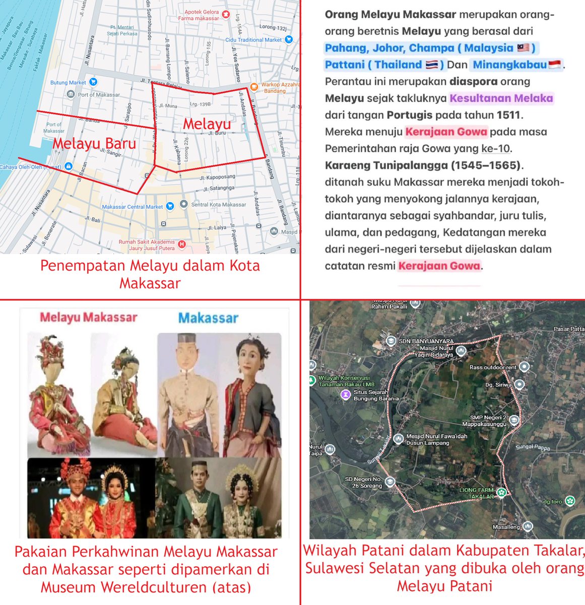 Penduduk Melayu pernah berhijrah ke Makassar setelah kejatuhan Melaka. Mereka membuka kampung dan memainkan peranan penting dalam pentadbiran Kerajaan Gowa seperti pedagang, juru tulis, syahbandar dsb. Yang ada nama Ince dan unda biasanya mereka mempunyai keturunan Melayu.