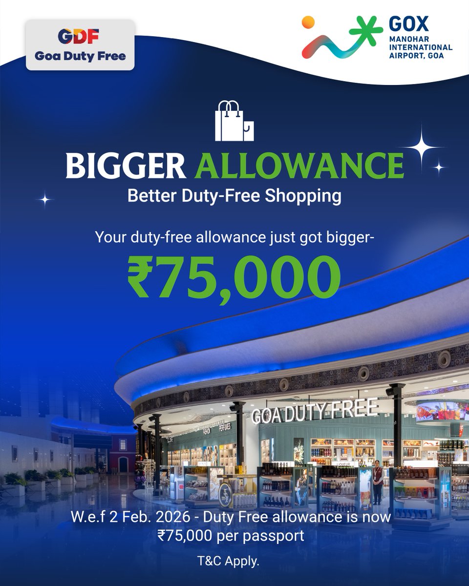miagoaairport's tweet image. 🛍️✈️Duty-free allowance is now ₹75,000 per passport (up from ₹50,000).
More to shop. More to save. Shop at Goa’s Manohar International Airport (GOX)
 T&amp;amp;Cs apply.

#InternationalTravel #DutyFreeUpdate #GOX #GoaAirport #TravelRetail #PassengerExperience