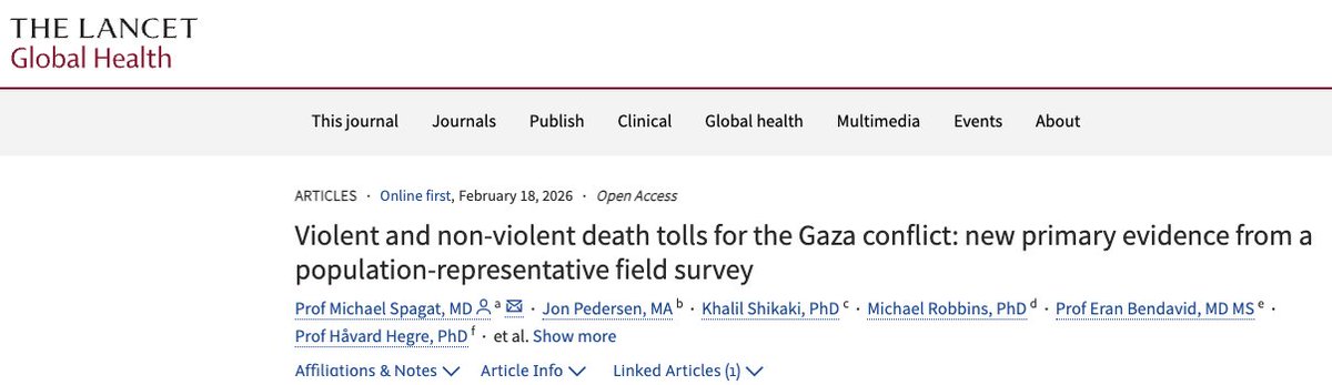First independent population survey of mortality in the Gaza Strip (first 16 months of genocide): "We estimated 75 200 violent deaths between Oct 7, 2023, and Jan 5, 2025, representing approximately 3·4% of the Gaza Strip's pre-conflict population." thelancet.com/journals/langl…