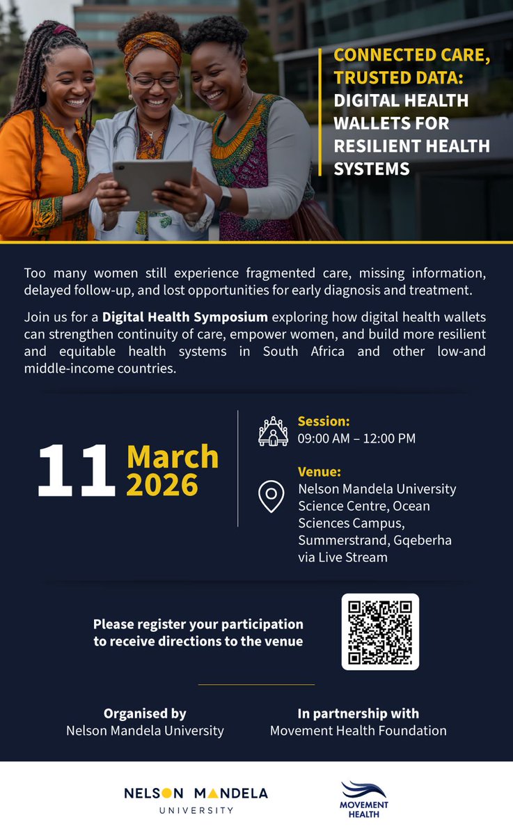 Connected care. Trusted data. Resilient health systems.
Join us on 11 March 2026 at Nelson Mandela University for a Digital Health Symposium exploring how digital health wallets can empower women, improve continuity of care, &amp; strengthen health systems in South Africa and beyond