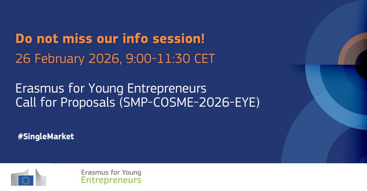 EU_EISMEA's tweet image. 🔔 7 days left until the next #SingleMarket info session!

The webinar will cover the #EYE call for proposals. Join us online on 26 February to get insights &amp;amp; ask your questions!

⏰ 9:00-11:30 CET

Register by 25 February:  link.europa.eu/TnGdgJ