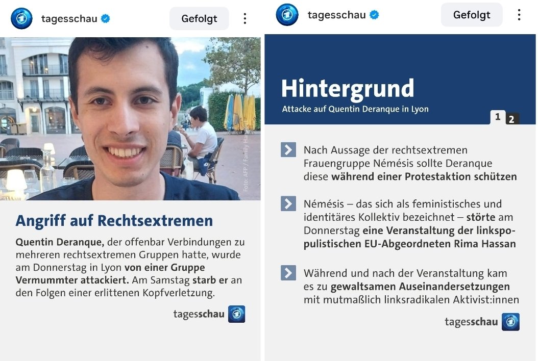 Den in Lyon totgeprügelte Student Quentin Deranque bezeichnet die <a href="/tagesschau/">tagesschau</a> als "rechtsextrem", die Gewalttäter der Antifa Gruppierung  "Jeune Garde Antifasciste" als "mutmaßlich linksradikale Aktivist:innen". #OerrBlog