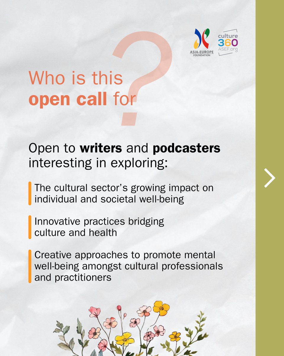 culture360_asef's tweet image. #OpenCall: Redefining 'Well-being' through #Culture

#ASEFCulture seeks #articles, #podcasts &amp;amp; video #interviews on the links between culture, health &amp;amp; well-being across #Asia 🌏 &amp;amp; #Europe 🌍.

🗓 Deadline: 26 Feb 2026

🔗 Check the carousel for FAQs &amp;amp; apply here: