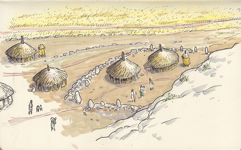 Hace poco excavamos el primer poblado precristiano conocido en el centro de Etiopía (siglos X-XIV).  Esto es una reconstrucción hipotética hecha con rotuladores. No es espectacular como la IA, pero es más realista, ecológica y no deja a nadie en el paro.