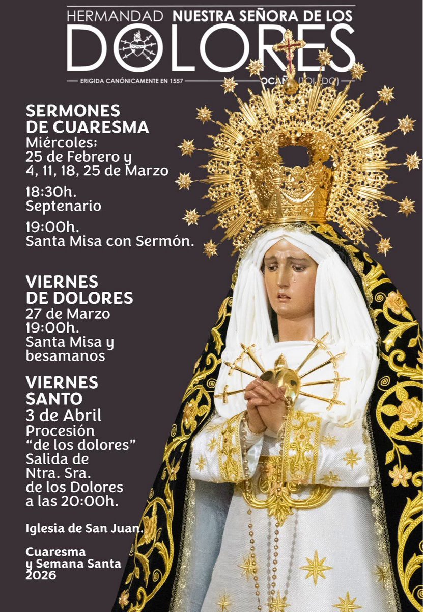 🙏 La Hermandad de Nuestra Señora de los Dolores de Ocaña nos invita a vivir intensamente este tiempo de Cuaresma con los solemnes cultos en honor a nuestra Madre. 

#VirgenDeLosDolores #Ocaña #Cuaresma #SemanaSantaOcaña #Devoción #Tradición #Hermandad #Fe #SemanaSanta2026
