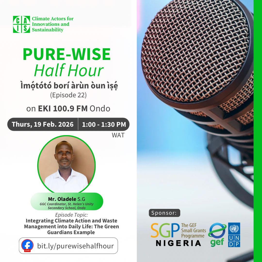 Later today on #PureWiseHalfHour, one of the mentors of the #GreenGuardians school clubs will share how the club is helping students integrate waste management into their daily lives.

Thanks to <a href="/GEF_SGP/">Small Grants Programme</a> and <a href="/sgpnigeria/">SGP Nigeria</a> for their continued support. 

#PureWiseOndo #ReplacePlastic