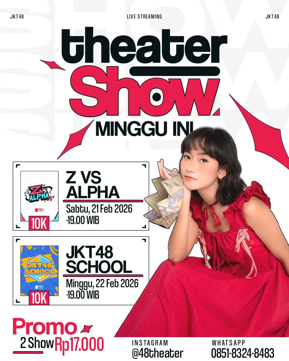 STREAMING THEATER RAMADHAN MURAH?
PROMO 2 SHOW 17K AJA‼️

GIVEAWAY SEMINGGUAN (UNTUK 3 PEMENANG)
- FOLLOW &amp; LIKE.
- RETWEET.
- REPLY TERSERAH.

GIVEAWAY DIUMUMKAN SABTU JAM 17:00

YANG MAU ORDER SHOW MURAH BISA LANGSUNG DM ATAU WHATSAPP!

#48THEATERGIVEAWAY