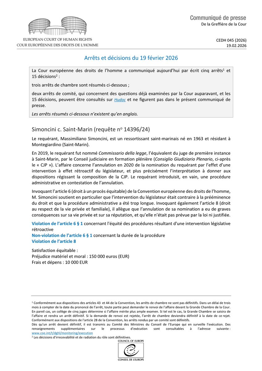 ECHR_CEDH's tweet image. Arrêts et décisions du 19.02.2026
hudoc.echr.coe.int/app/conversion…
#ECHR #CEDH #ECHRpress
