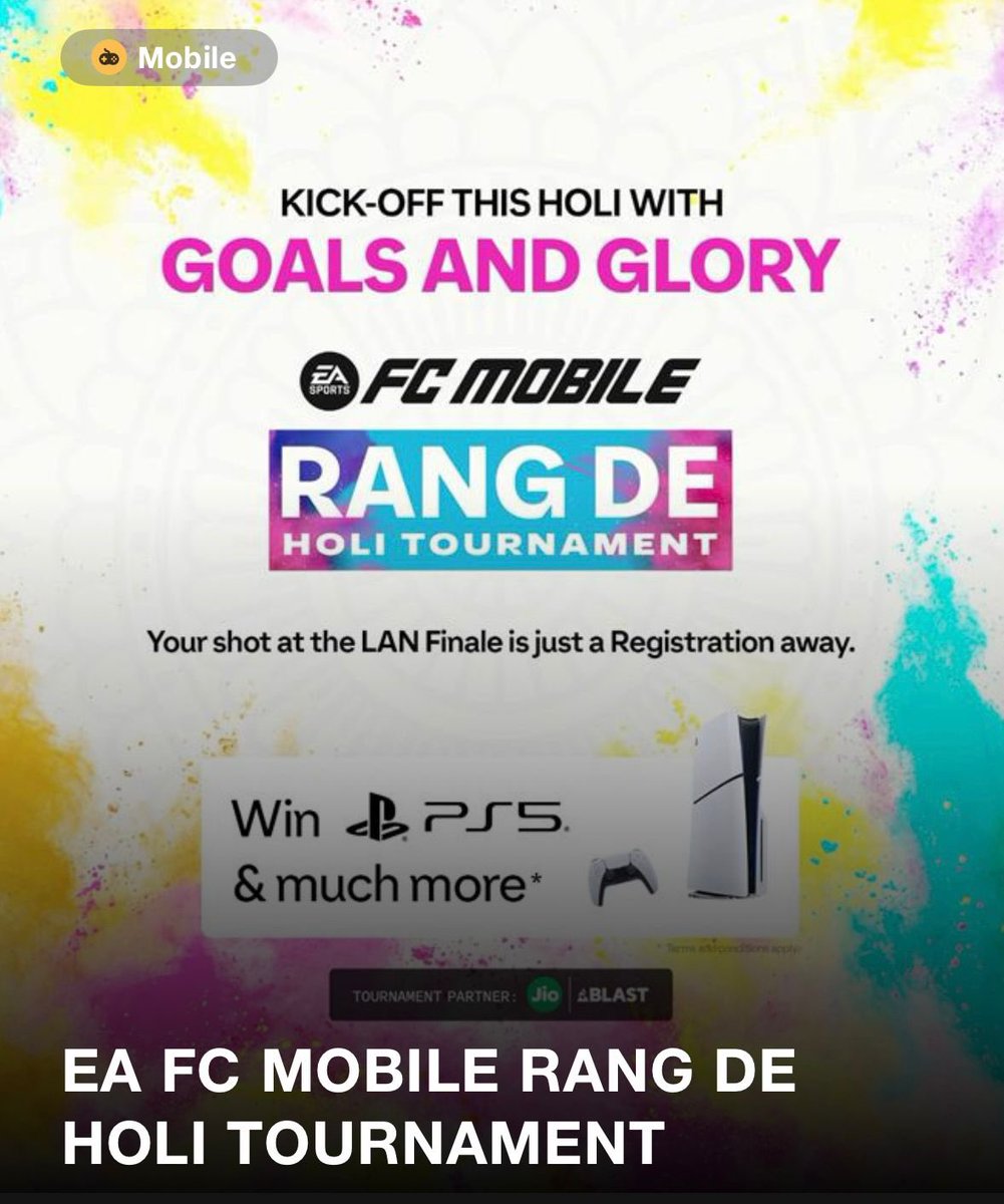Akash62455881's tweet photo. 🚨FCMOBILE HOLI TOURNAMENT🚨

🤩🤩BUMPER PRIZE OF PS5 IN THE TOURNAMENT🤩🤩

✅HOW TO JOIN TOURNAMENT✅
👉🏻DOWNLOAD JIO GAMES APP
👉🏻GO TO EXPLORE SECTION
👉🏻GO TO ESPORTS SECTION AT NUMBER 6th
👉🏻GO TO HOLI RANG DE EVENT
👉🏻REGISTER WITH YOUR IN GAME UID NUMBER  AND IN GAME NAME
👉🏻ONLY FIRST 1024 CAN REGISTER SO GRAB IT FAST
👉🏻QUATERFINALS, SEMI FINALS AND FINALS IN LAN EVENT DELHI
👉🏻ONLY MAX 105 OVR TEAM IS ALLOWED ABOVE THAT YOU WILL BE DISQUALIFIED
👉🏻CHECKOUT THE RULES GIVEN THERE

✨WINNER WILL GET PLAYSTATION5✨

❤️DROP A FOLLOW & RT❤️
#FCMobile @EASFCMOBILE #fcmobile 

@abhayv5545 @MariusMM06 @minusfcmobile @Nikolas7FC  @VishyFCYT @FCMMIZ @rkreddyEAFC @Jacobek08  @PhanMinhHauFFM @FCMobileCrew  @Enzo9CFC @purefootball_x @fifa07mania @DrPinguPlays  @JXLFMYT @FCM_KEAN  @GWM9MOP @NlJash @Tomar273 @Thakor9879 @ui_parth @FCBROWN34 @AnshBansal0705  @tutiofifa @taibur700 @MysterioDeYT @Saurrrabhhhh @Insane__Ak @JONALDINHOtm @ShoeLhaze @RavenciaFC @KnowHash  @Sheikty @_AnmolRana @GokuFifaMobile 
 @TASGAMING04 @billionaire_87 @ZitoFC @Mr_Believer1810 @Tanveer92077768 RT✨✨