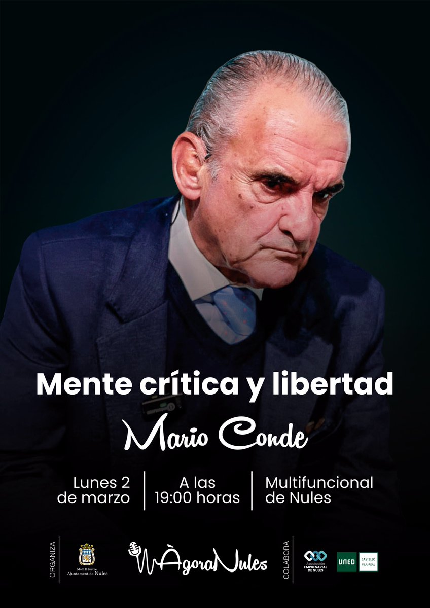 #MarioConde oferirà el 2 de març la conferència “Mente crítica y libertad” dins del cicle #ÀgoraNules. L’Ajuntament destaca el caràcter plural i obert d’un #programa que reunirà veus diverses i taules redones al llarg de l’any.
