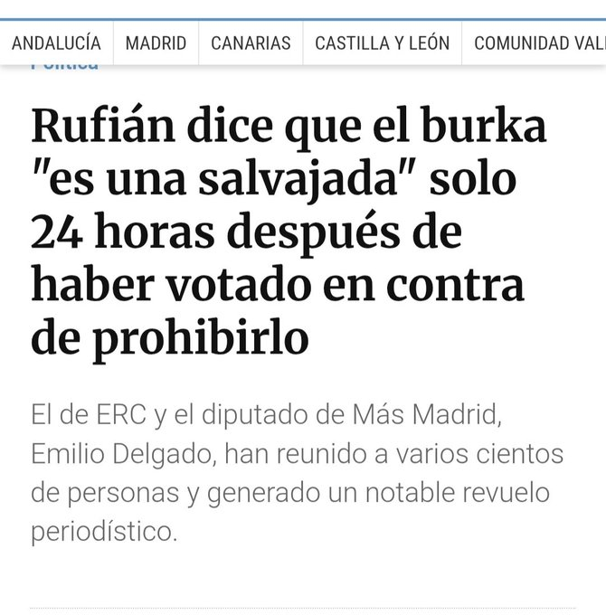 Jomaca18's tweet photo. Rufián llama salvajes a todas las izquierdas (incluida la suya) que están a favor del burka. https://t.co/tGw3jK2jRg