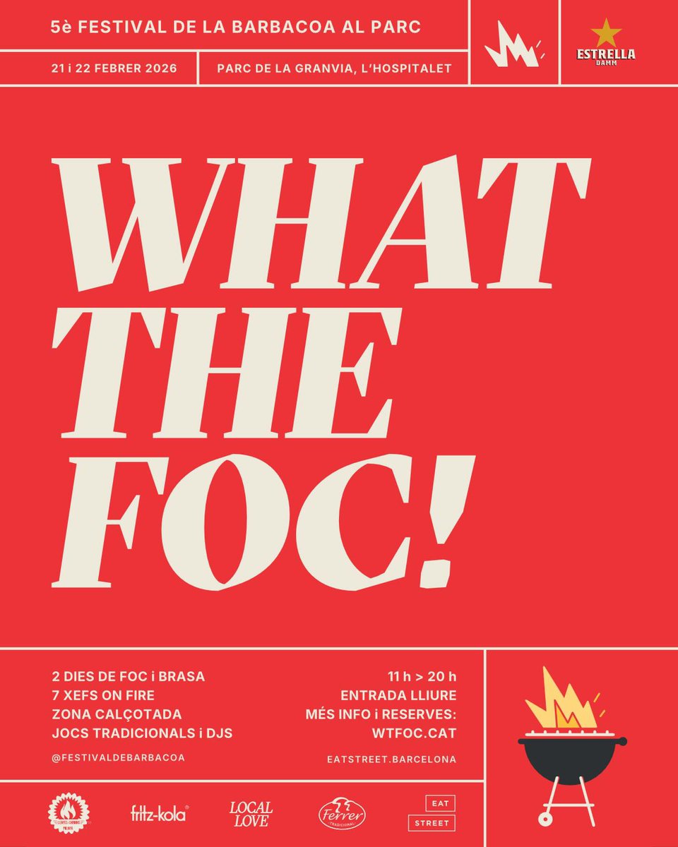 carlesalmagro's tweet photo. Los días 21 y 22 de febrero de 2026, de 11h a 20h, el Parc de la Granvia de l’Hospitalet volverá a llenarse de fuego, brasa y gastronomía al aire libre con What the Foc!, el ya consolidado Festival de la Barbacoa.
Más info: https://t.co/WVkBH9PR03 https://t.co/XXteKhGtZw