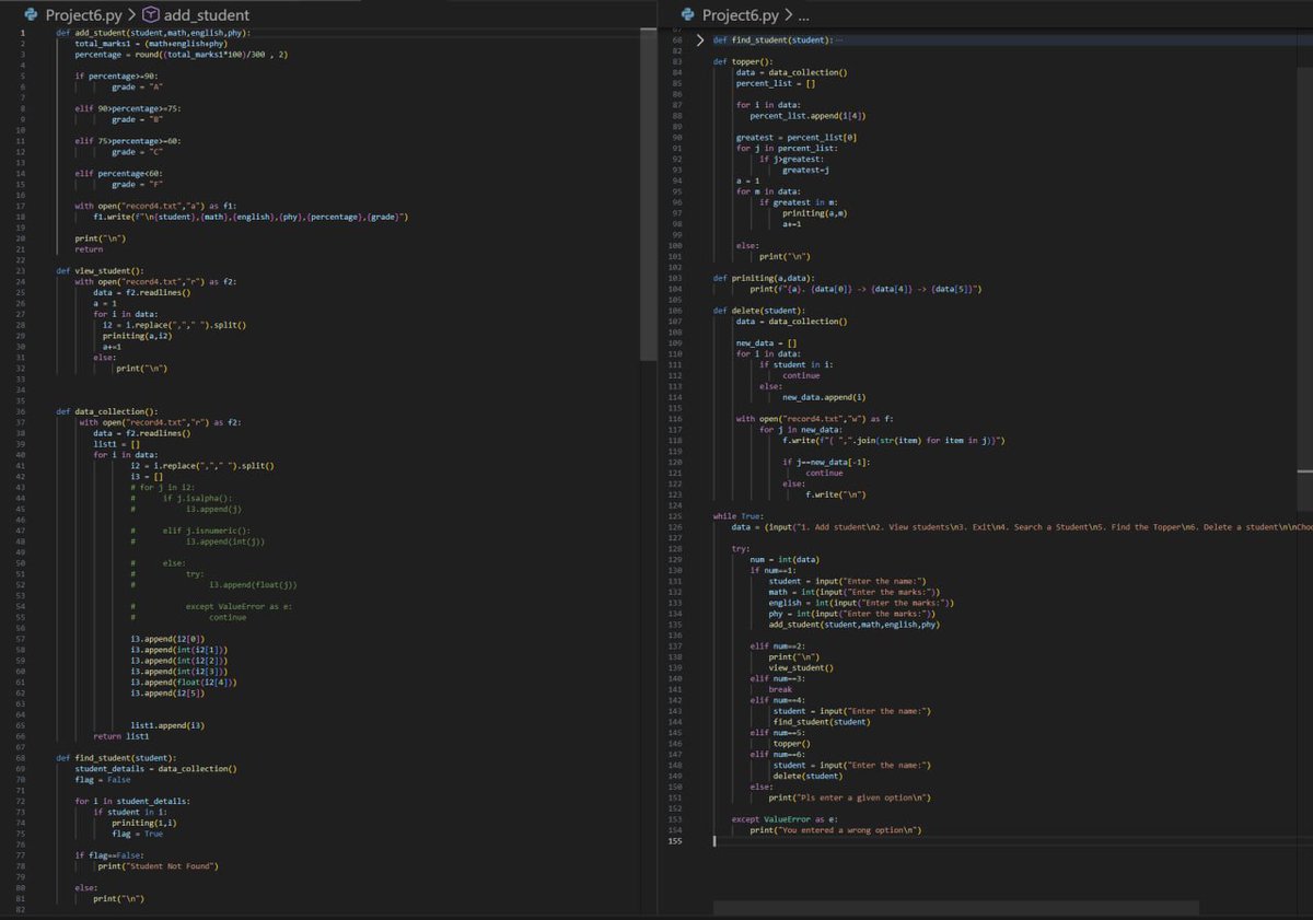 WEB3__Nerd's tweet photo. Day- of posting my Python journey

--> The day i finished my python basic i gathered a few pieces of information and concluded that I'll solve problems rather than taking any new course

--> So I decided that I'll goto chatgpt, ask for problems > solve > send to GPT
  and get a review so I can make my notes and mark my learning

Now comes the main part

--> Today's Problem 
   - Refine the output and handle printing to 1 func
   - Add a new feature for deleting students

--> Learning 
     When you know the data structure, use it smartly with indexing, don't always run to build logic

The image shows the solution

If a dev is seeing this, pls consider leaving your opinion in the comment
