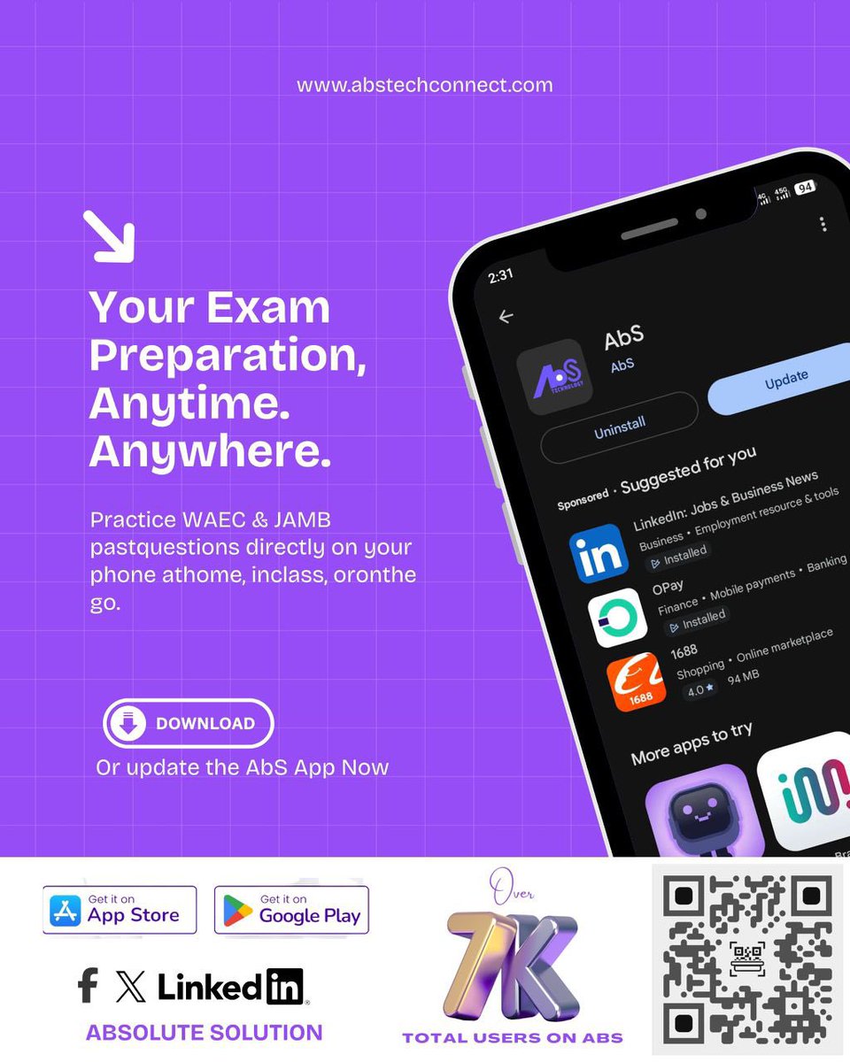 ABSTEAM01's tweet photo. Preparing for WAEC or JAMB? π
Stop stressing. Start practicing.
With the AbS App, get instant access to:
β
WAEC Past Questions
β
JAMB CBT Practice
β
Mobile Exam Prep
β
Study Anytime, Anywhere
Trusted by 7K+ Nigerian students.
Download today and boost your score!
#WAECPrep https://t.co/dYPjvl22L9