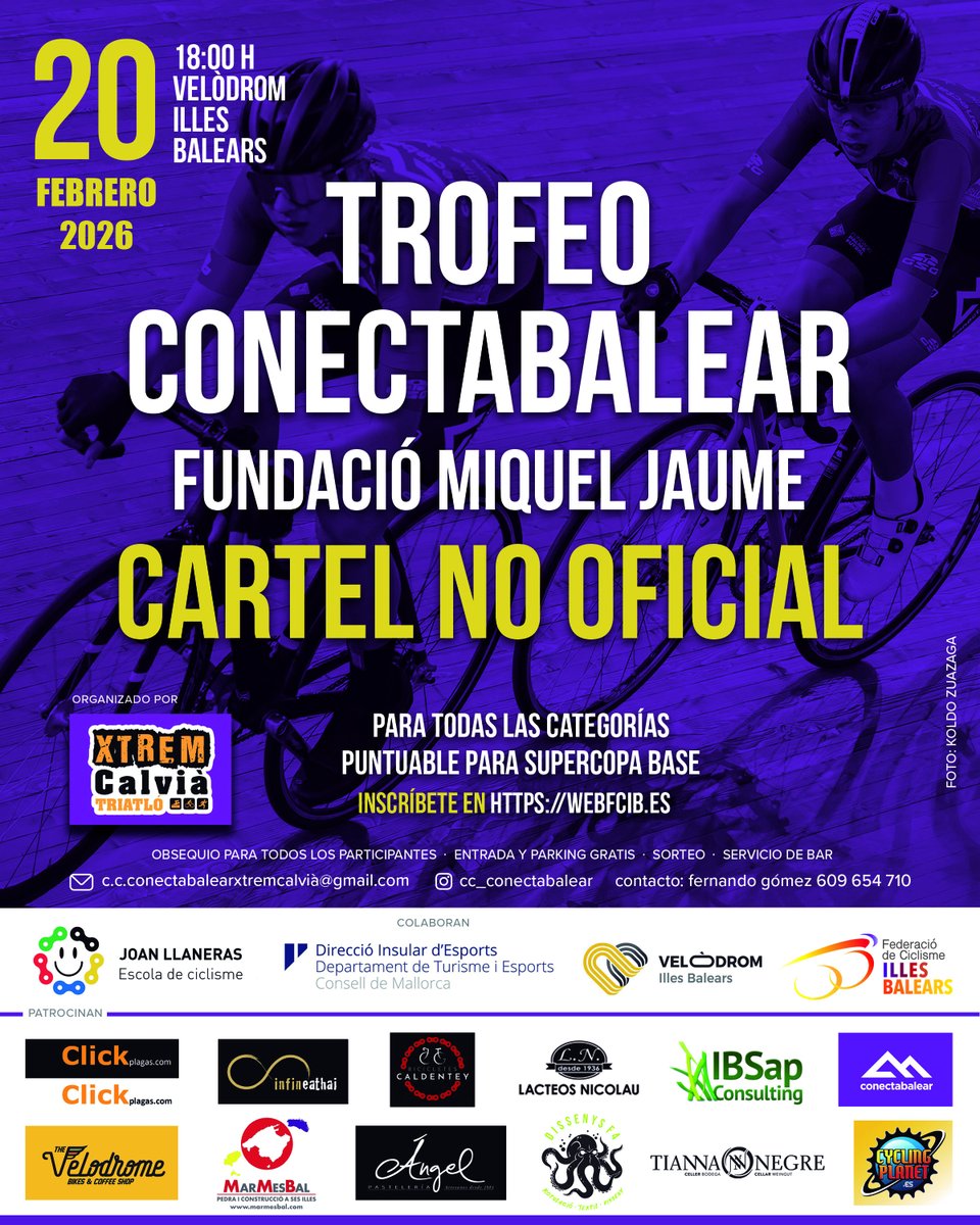 _FCIB's tweet image. PRÓXIMAS COMPETICIONES

20/02
"TROFEO CONECTABALEAR"
Conectabalear XTrem Calvià - Escola Joan Llaneras

21/02
"VI BICIKIDS SANT LLORENÇ"
Portinatx Cycling Team

22/02
"DH PONENT BIKE TIME"
Ponent Bike Team Club

22/02
"X TROFEO SANT JOAN "
Portinatx Cycling Team