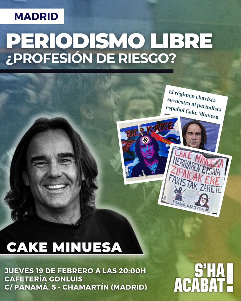 ‼️ ES EL DÍA

PERIODISMO LIBRE: ¿PROFESIÓN DE RIESGO?

Este jueves, no te pierdas el acto con <a href="/cakealatake/">Cake Minuesa</a> 

⏰ 20:00
📍 Cafetería Gonluis, calle Panamá 5, Chamberí, Madrid.

➡️ Inscríbete aquí: docs.google.com/forms/d/e/1FAI…