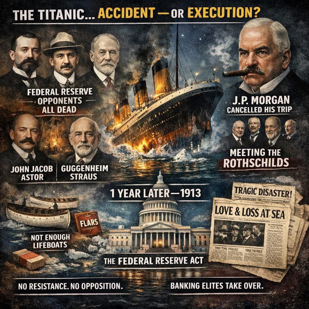 The Titanic… accident — or execution? 🤔

Think about it.

The “unsinkable” ship… the most advanced vessel ever built… sinks on its first voyage after barely grazing an iceberg.

But look at who was on board.

Three of the loudest wealthy opponents of a central banking system:
