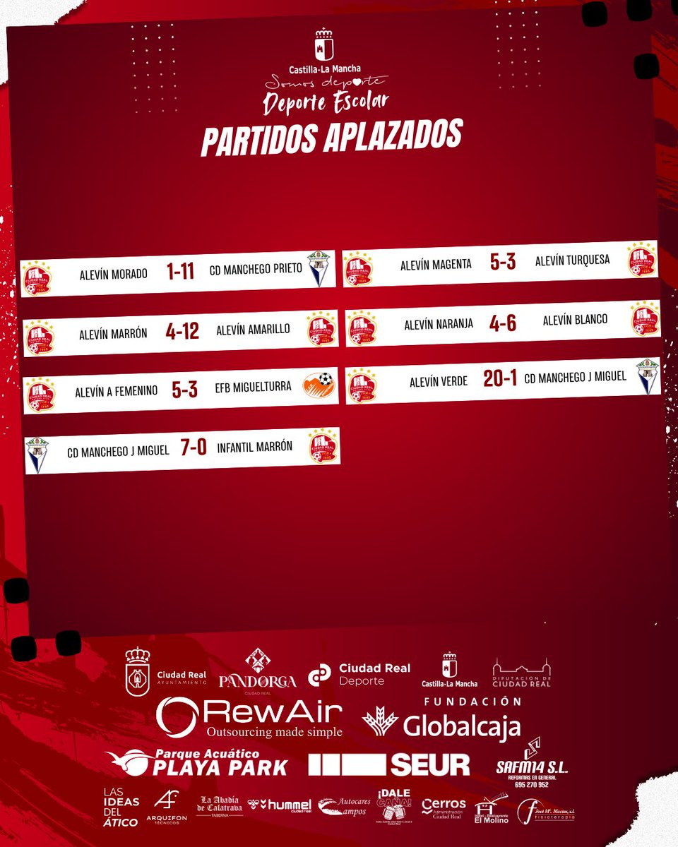 ✍️ 𝗥𝗘𝗦𝗨𝗟𝗧𝗔𝗗𝗢𝗦 |  
🏆 Deporte Escolar. Partidos aplazados.

#TodoAlRojo🔴 #SoyDelRojo #ConstruyendoCantera🏗 #ADNEscuela