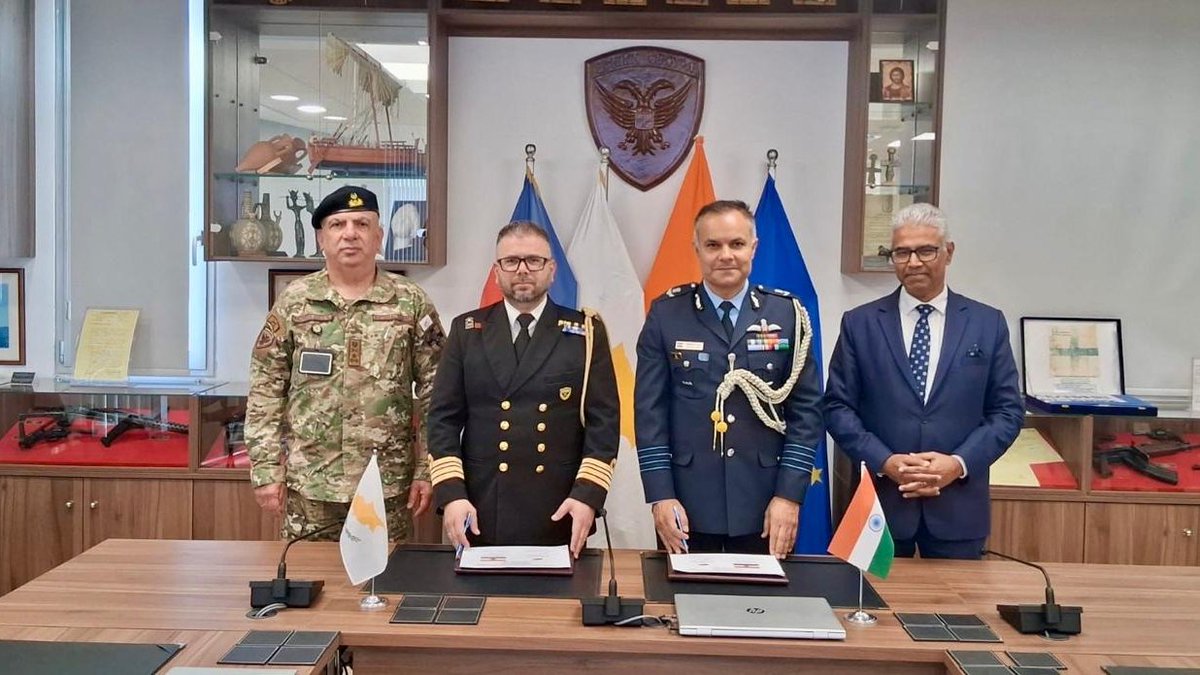 IndiainCyprus's tweet photo. #India and #Cyprus marked a significant step forward in their strategic partnership with the signing of the Bilateral #Defence Cooperation Programme (#BDCP) 2026, alongside an enhanced maritime cooperation framework.
The agreement was signed in the presence of High Commissioner Mr. Manish @ManishGIfs and Lt. General Pachoulides Neophytos, Deputy Chief of Defence, Cyprus.
High Commissioner described the development as a forward-looking step that strengthens mutual trust and reinforces the long-term strategic convergence between India and Cyprus.
#IndiaCyprus #DefenceCooperation #MaritimeSecurity #StrategicPartnership