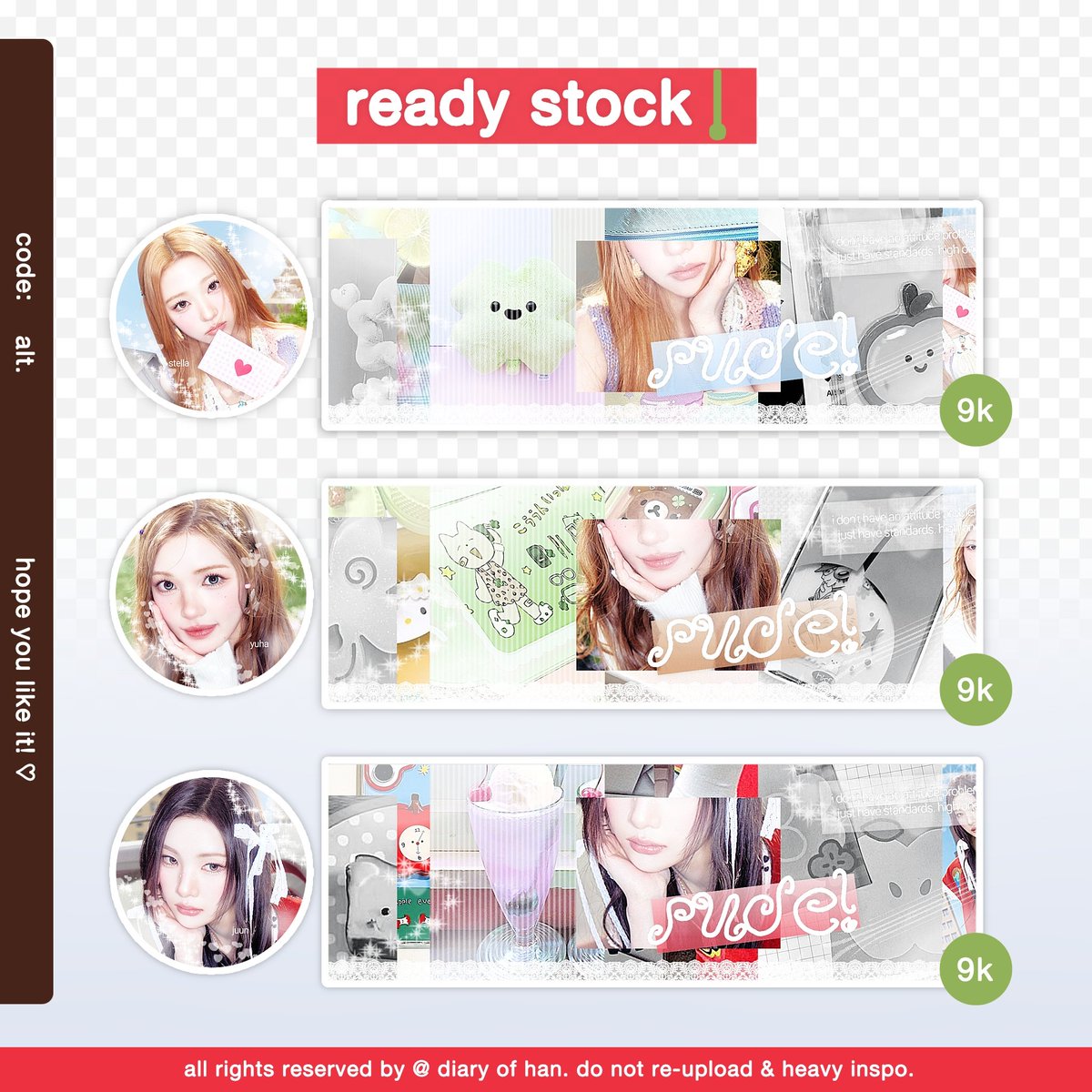 diary__of__han's tweet image. help repost, thank yew! 🧸🪽

haloo teman timun! :O aku punya layout ready stock hearts2hearts (carmen, jiwoo, stella, yuha, juun, a-na, ian, yeon) dari katalog special edition yang hanya ada untuk rs! ⭐️ harganya 9000/each yaaa, yang minat boleh DM aku! 🧩🥨👖

#zonauang #zonaba