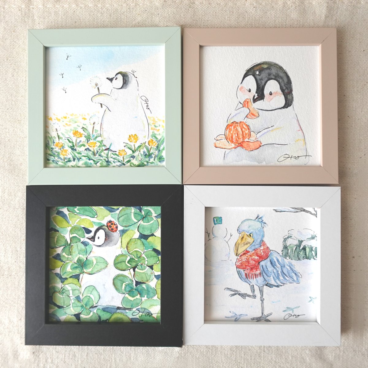 えひめハンドメイド雑貨フェア に出す描き下ろしミニ原画4枚🐧 あと2枚