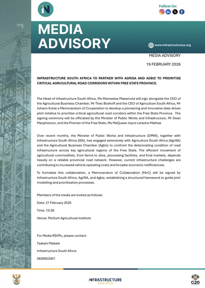 infraSA_'s tweet photo. [MEDIA ADVISORY] https://t.co/oQITnFXUra