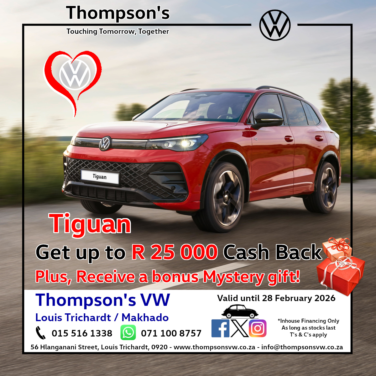 Special offers @ Thompson's VW. 
Visit our website at thompsonsvw.co.za for more. 
Email: info@thompsonsvw.co.za, 
WhatsApp: 071 100 8757, 
Tel: 015 516 1338.
#specials #promotion #thompsonsvw