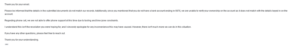 markst33's tweet photo. @stripe Not going ahead with implementing Stripe. They are unable to fix my login issues. They are sending me bank details that are not mine &amp; when I inform them of this, this is the response.  And I have heard nothing since I have lodged a complaint. Very poor service indeed https://t.co/xkbuEQnynr