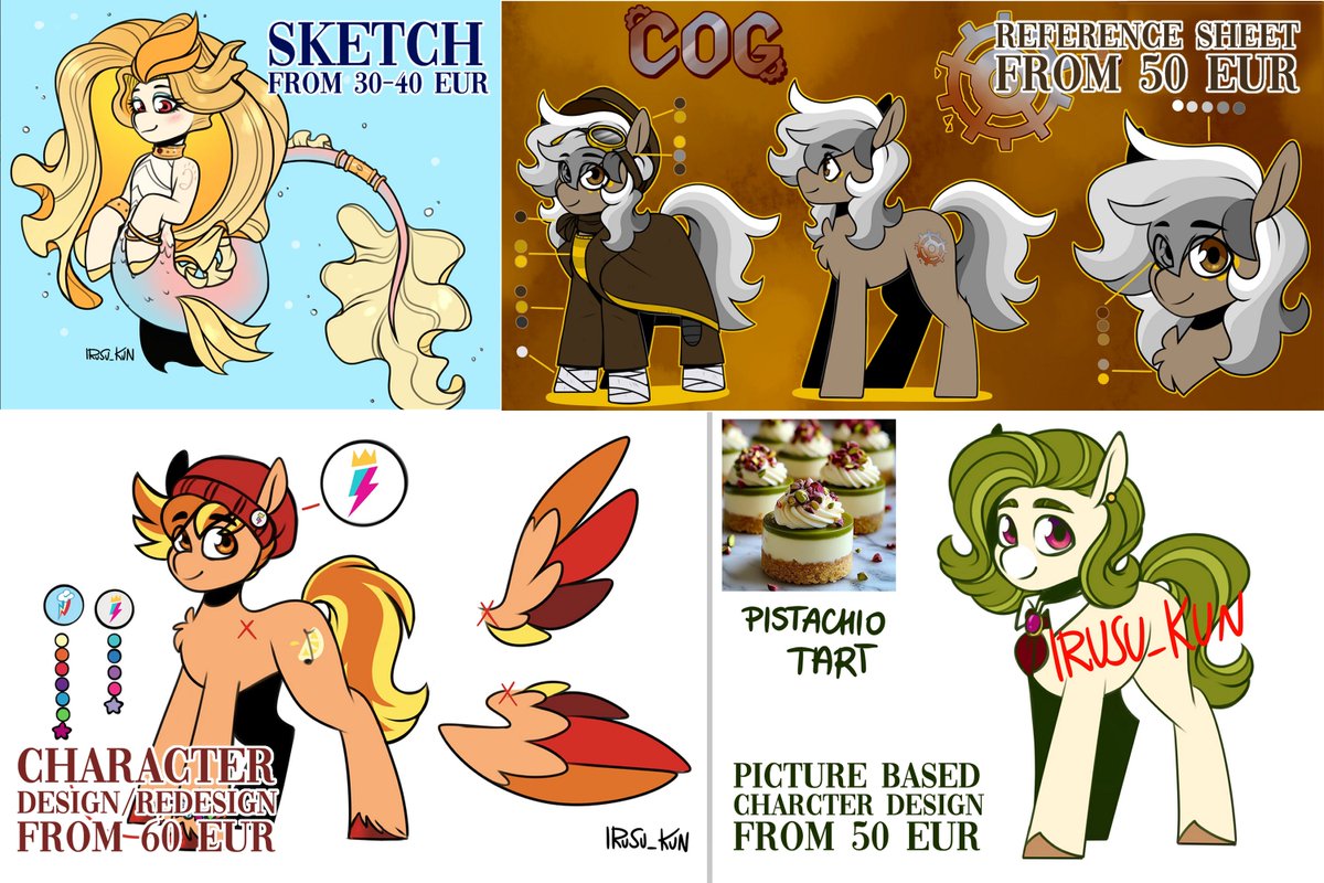 IRUSU_kun's tweet photo. I opened some slots for sketch, ref sheet and character design commissions.
Starting prices are listed below.
I can do pony, furry and human characters.

Details and ordering: https://t.co/rhxOnCanhw
Questions and issues: irusu_kun on Discord https://t.co/jNJMyZV8id