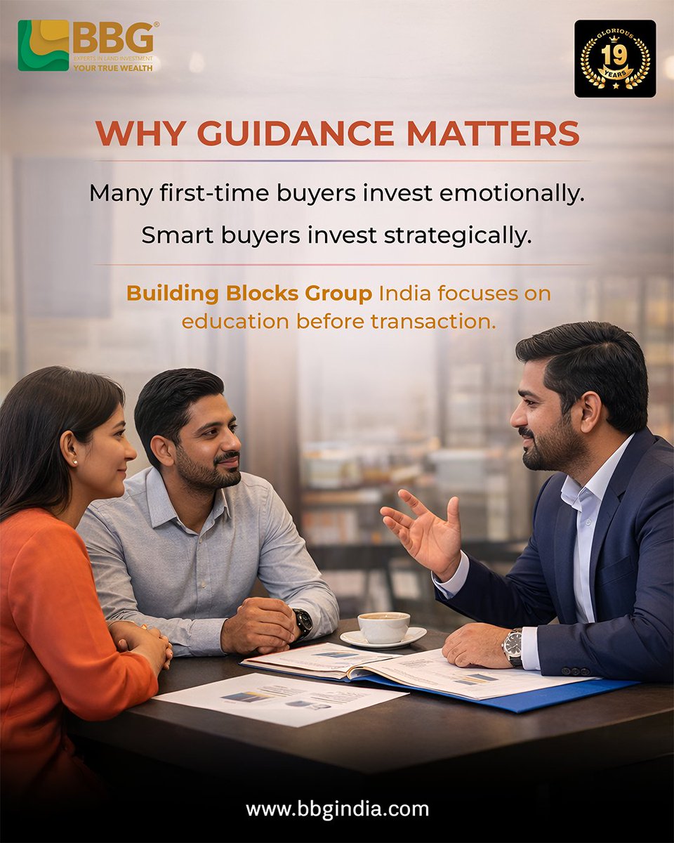 bbgindia's tweet image. Before buying land:
Check safety &amp;gt; Check price.
Legal ✔
Clear ✔
Growth ✔

Invest strategically.

Planning your first investment?
Talk to Building Blocks Group India.

#LandInvestment #RealEstateIndia #InvestSmart #PropertyTips #BBG #buildingblocksgroup