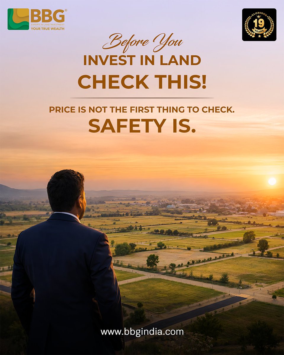bbgindia's tweet image. Before buying land:
Check safety &amp;gt; Check price.
Legal ✔
Clear ✔
Growth ✔

Invest strategically.

Planning your first investment?
Talk to Building Blocks Group India.

#LandInvestment #RealEstateIndia #InvestSmart #PropertyTips #BBG #buildingblocksgroup