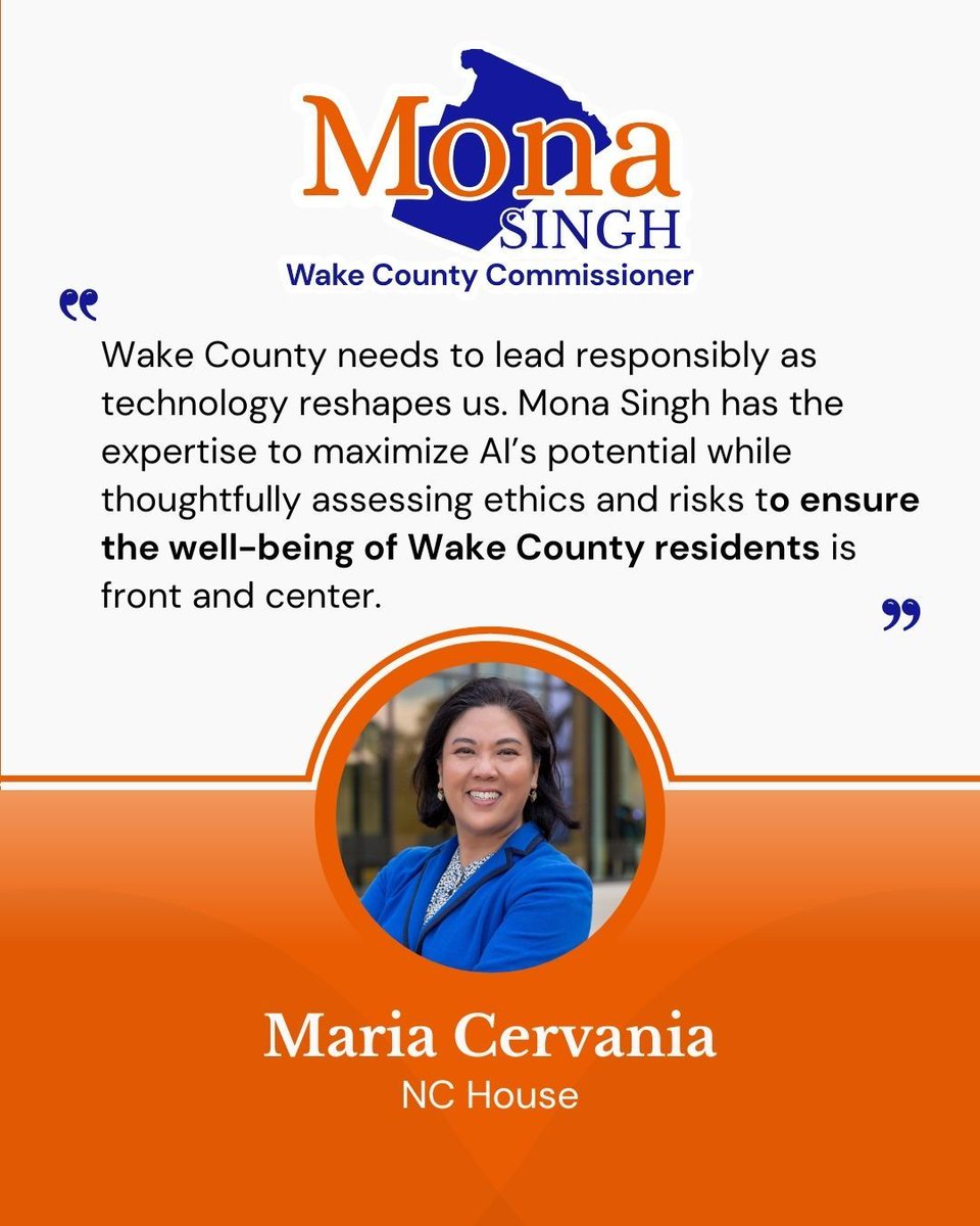 monaforwake's tweet photo. ✅ From NC House Representative Maria Cervania: “Mona Singh has the expertise to maximize AI’s potential while thoughtfully assessing ethics and risks to ensure the well-being of Wake County residents is front and center.” https://t.co/2jB1fwLD6m