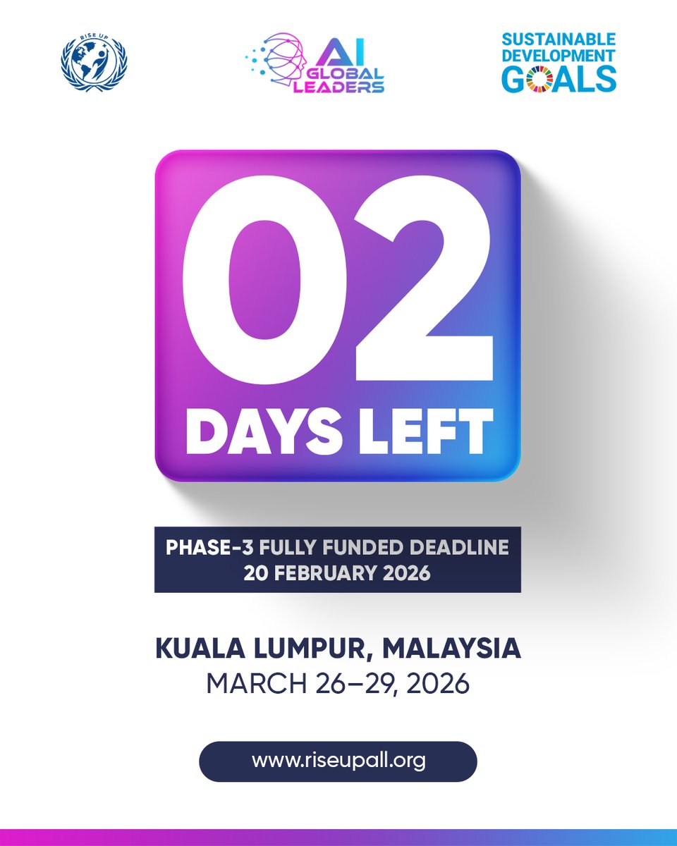 The Clock is Ticking.
2 days left to step into global leadership powered by AI.
⏰ Don’t wait. Apply now.
riseupall.org/agl-2026/
Kuala Lumpur • March 26–29, 2026
AI for Global Leaders (AGL) 2026