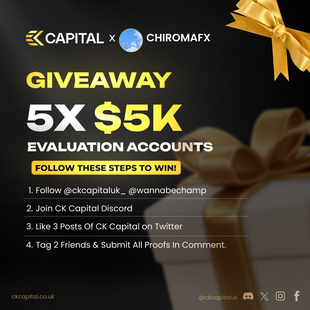 🎁 GIVEAWAY 5X 5K$ Accounts 🎁

Follow <a href="/ckcapitaluk_/">CK Capital</a> 

Like retweet &amp; tag 2 friends 

Also follow : <a href="/SIRMUAZZAMFX/">Sirmuazzamfx</a> , <a href="/wannabechamp/">Dan Cheung</a> &amp; <a href="/HEY_MARYAM_/">🤎MARYAM; The Paper Crane 🪶</a> 

Join Discord : discord.gg/ck-capital-121…

Engage 3 posts with <a href="/ckcapitaluk_/">CK Capital</a> .

Winners soon ⛄️