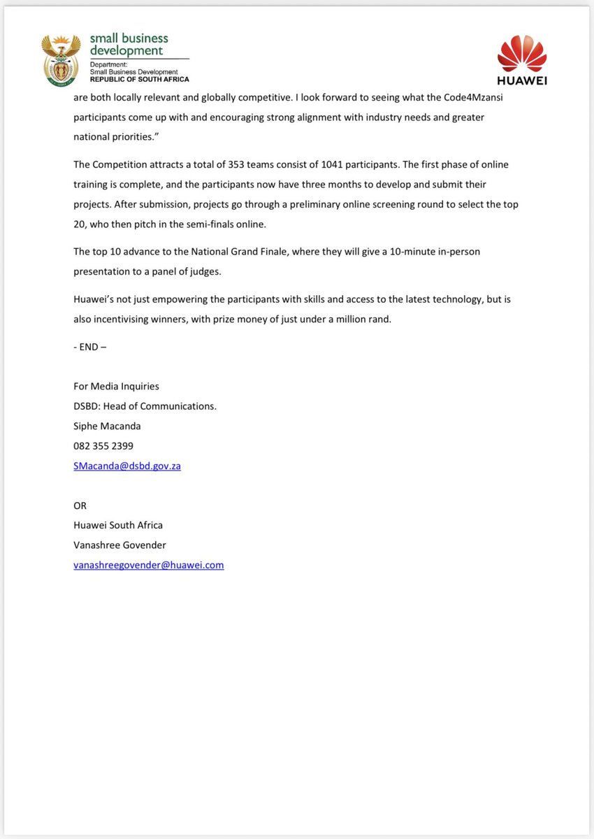 [PRESS RELEASE] South Africa’s developers are stepping up 🇿🇦

The Department of Small Business Development and Huawei have officially launched the Code4Mzansi Developer Competition, empowering MSMEs, youth developers, and tech entrepreneurs to turn cloud and AI-powered ideas into
