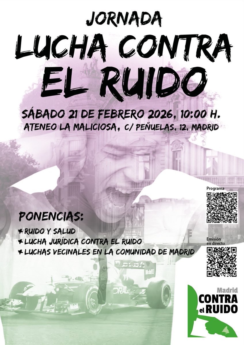 💥 El ruido constante en Madrid vulnera derechos básicos como salud, medio ambiente y la tranquilidad del hogar.

🗓️ Este sábado 21 de febrero, "Madrid contra el ruido", en la que se incluye la 🌿 Plataforma Ecologista Madrileña,  organiza la jornada "Lucha contra el ruido".