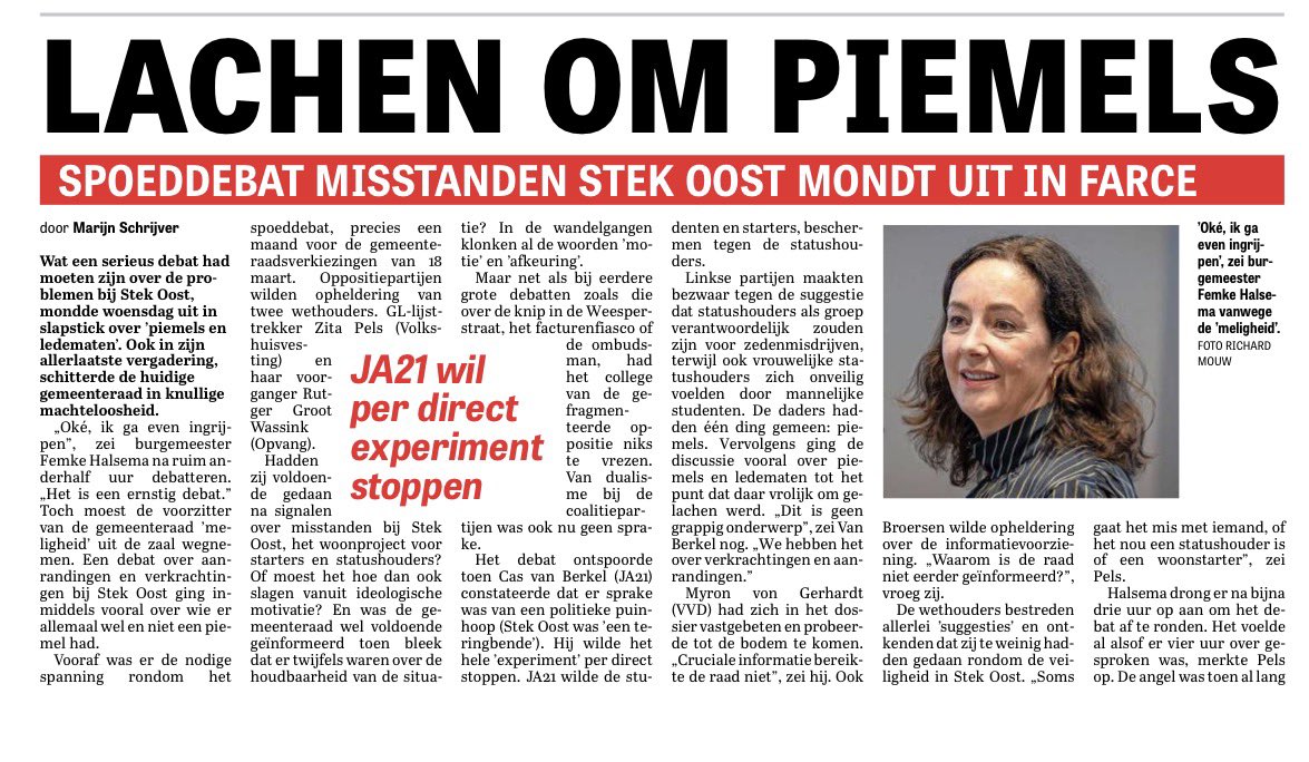 College B&amp;W Amsterdam wist van verkrachtingen in Stek Oost, waar als gemeentelijk experiment jonge studentes wonen samen met immigranten (statushouders), en liet het doorgaan. Wat een stadsbestuur. Goed dat er verkiezingen komen.