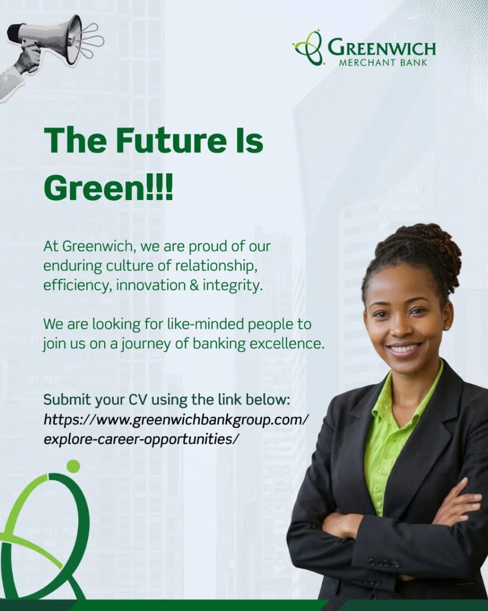 RecruitmentPq's tweet photo. GREENWICH MERCHANT BANK is Hiring

Greenwich Merchant Bank is inviting qualified professionals to explore career opportunities.

They are looking for candidates who align with their culture of:
- Relationship
- Efficiency
- Innovation
- Integrity

If you’re ready to build a career in banking excellence, this could be for you.

Submit your CV:  
https://t.co/JES46v8Vwr

Know someone who fits? Tag or share.