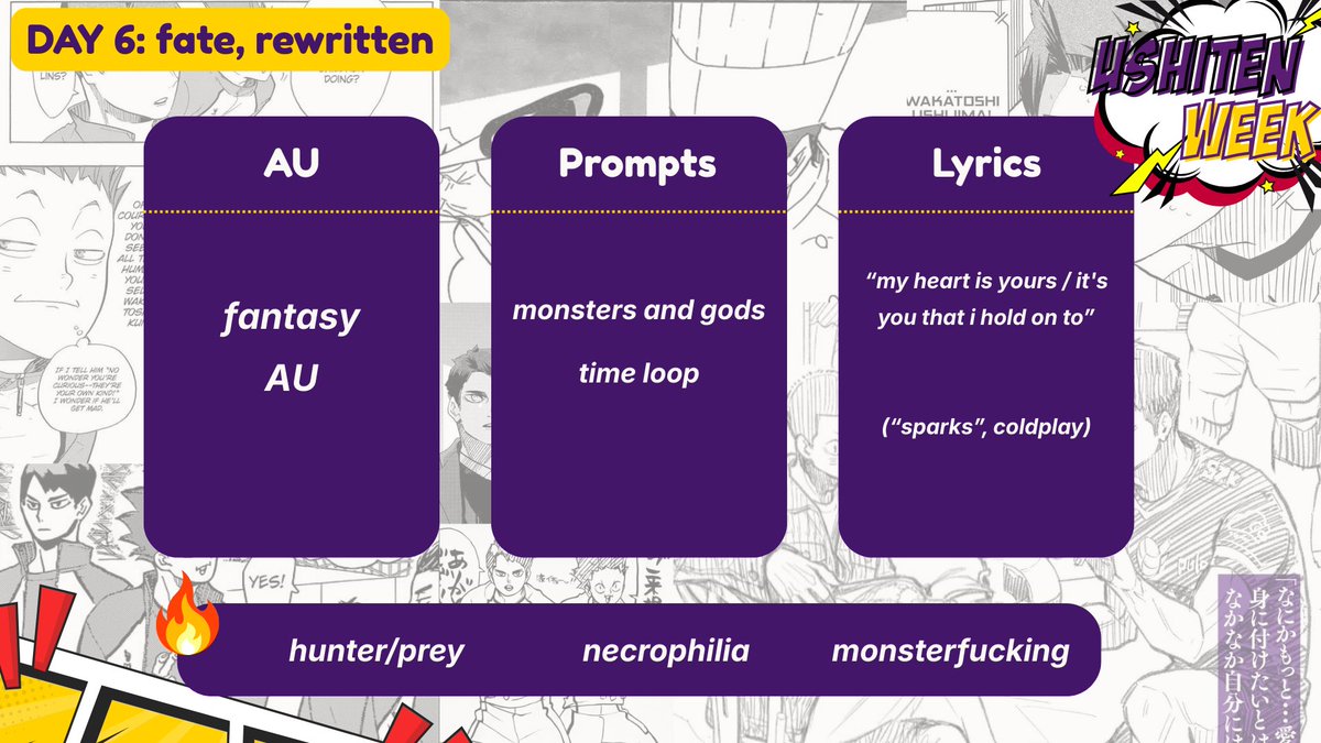 teamushiten's tweet photo. 🐮🍫 welcome to ushiten week 2026 — day 6: fate, rewritten 💜💛

📌 fantasy AU, monsters and gods, time loop
🔞 role play - hunter/prey, monsterfucking, necrophilia

#ushitenweek2026 #nsfwushitenweek2026 #ushiten #牛天 https://t.co/6gB6DxhXNt