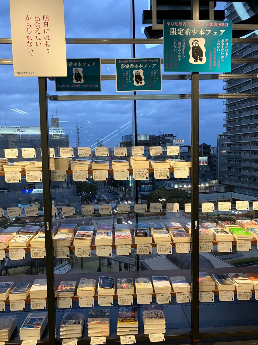 東京旭屋書店船橋店で「河出希少本フェア」を開催中です🏪

一年越しの開催、約290銘柄。
河出倉庫から「あと数冊しかない」本だけ掘り出した、もうここでしか出会えない子たち。

すべてに内容紹介と手書きメッセージを沿えた愛のフェア。明日にはもう会えないかもしれない本たちの顔を見にお出かけを