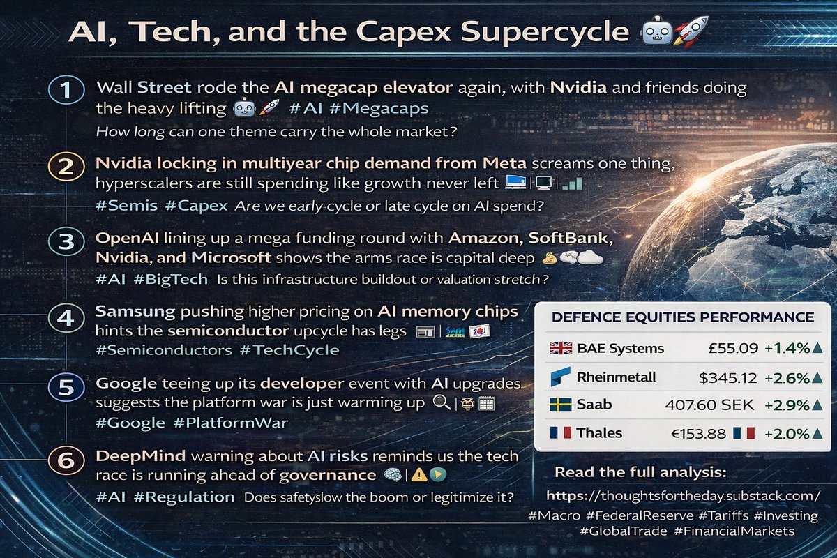 GryphonIAB's tweet photo. AI, Tech, and the Capex Supercycle 🤖🚀
1️⃣ Wall Street rode the AI megacap elevator again, with Nvidia and friends doing the heavy lifting 🤖🚀📊#AI #Megacaps How long can one theme carry the whole market?
2️⃣ Nvidia locking in multiyear chip demand from Meta screams one thing, hyperscalers are still spending like growth never left 💻🔌📈#Semis #Capex Are we early cycle or late cycle on AI spend?
3️⃣ OpenAI lining up a mega funding round with Amazon, SoftBank, Nvidia, and Microsoft shows the arms race is capital deep 💰🧠☁️ #AI #BigTech Is this infrastructure buildout or valuation stretch?
4️⃣ Samsung pushing higher pricing on AI memory chips hints the semiconductor upcycle has legs 💾📈🇰🇷#Semiconductors #TechCycle Are margins about to expand across the stack?
5️⃣ Google teeing up its developer event with AI upgrades suggests the platform war is just warming up 🔎🤖📅#Google #PlatformWar Will monetization or innovation win first?
6️⃣ DeepMind warning about AI risks reminds us the tech race is running ahead of governance 🧠⚠️🌍#AI #Regulation Does safety slow the boom or legitimize it?
Read the full analysis
https://t.co/6yafIy9a9r
#Macro #FederalReserve #Tariffs #Investing #GlobalTrade #FinancialMarkets