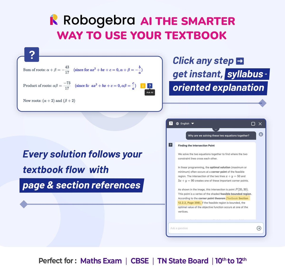 robogebra_ai's tweet photo. Students 𝗴𝗲𝘁 𝗶𝗻𝘀𝘁𝗮𝗻𝘁, 𝘀𝘆𝗹𝗹𝗮𝗯𝘂𝘀-𝗼𝗿𝗶𝗲𝗻𝘁𝗲𝗱 𝗲𝘅𝗽𝗹𝗮𝗻𝗮𝘁𝗶𝗼𝗻𝘀 𝗮𝗻𝗱 𝘀𝗼𝗹𝘂𝘁𝗶𝗼𝗻𝘀 𝘁𝗵𝗮𝘁 𝗳𝗼𝗹𝗹𝗼𝘄 𝘁𝗵𝗲𝗶𝗿 𝗲𝘅𝗮𝗰𝘁 𝘁𝗲𝘅𝘁𝗯𝗼𝗼𝗸 𝗳𝗹𝗼𝘄 𝘄𝗶𝘁𝗵 𝗽𝗮𝗴𝗲 𝗿𝗲𝗳𝗲𝗿𝗲𝗻𝗰𝗲𝘀. 
know more - 𝘄𝘄𝘄.𝗿𝗼𝗯𝗼𝗴𝗲𝗯𝗿𝗮.𝗮𝗶 
#cbse https://t.co/ZOhNQTjE4D