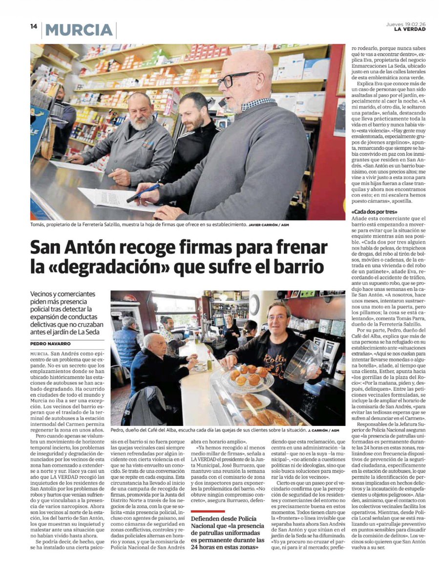 Hoy el diario la Verdad recoge las quejas vecinales del Distrito Norte, y la iniciativa de recogida de firmas que estamos llevando a cabo para que Delegación del gobierno nos escuche. Solicitamos más presencia de Policía Nacional en la zona, y la apertura 24horas de la comisaría