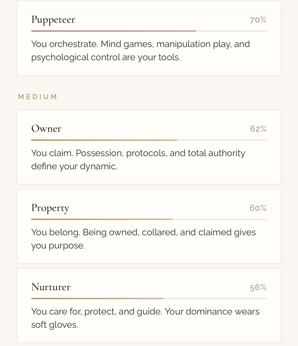 I swore I was a Nurturer / Service Top. Apparently my subconscious had notes. 

Took the Build Your Dynamic : Your Kink Profile 
buildyourdynamic.com

What did it clock you as, and did it get you right ?