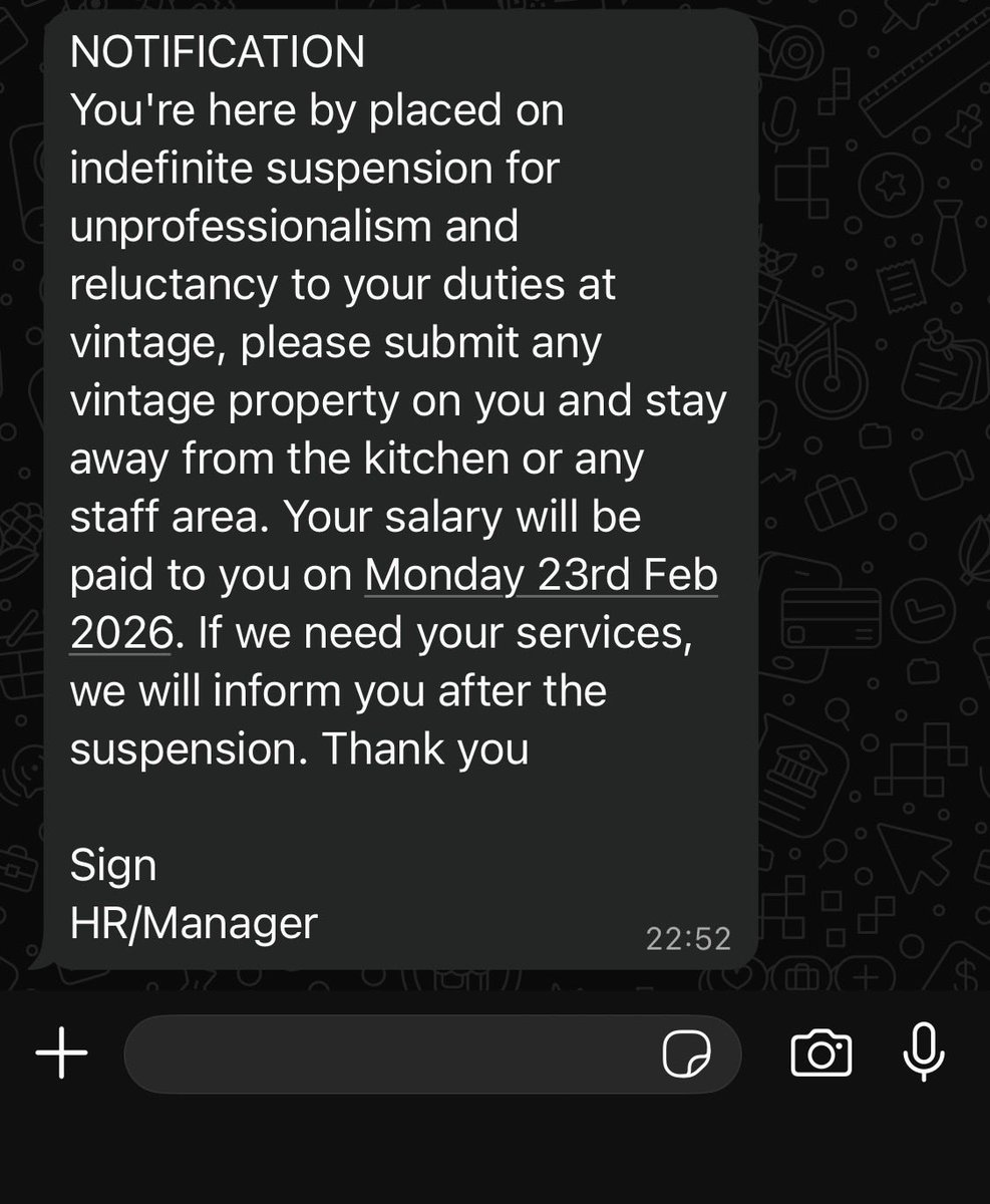 BabyOpral's tweet photo. I was sent this letter by 10:52pm. 
Mind you,these organizations owes staffs a lot.
Now,I mentioned that I wasn’t with enough money to go to work for the next day… There wasn’t even supply in the kitchen to say at least,work go Dey😒
Next day… https://t.co/lpTpMU8Jb5