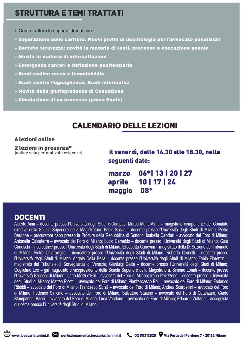 DSGBeccaria's tweet photo. Aperte le iscrizioni al prestigioso Corso di perfezionamento in #DIRITTOPENALE #GIORGIOMARINUCCI de @LaStatale  di Milano SCADENZA DELLE ISCRIZIONI #5 MARZO2027   ☎️⏰ Per maggiori informazioni e iscrizioni: https://t.co/Z7zbFddAUh | @Corriere @OrdineAvvMilano https://t.co/H4s3aIRWwi