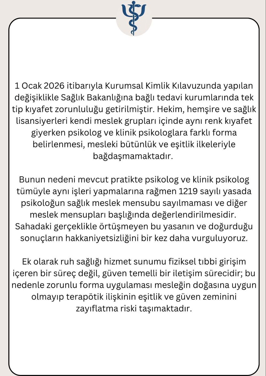 Sağlık Bakanlığı’nda Çalışan Psikologlar Platformu olarak tek tip kıyafet zorunluluğu ile ilgili görüşümüz👇🏻  ⁦<a href="/saglikbakanligi/">T.C. Sağlık Bakanlığı</a>⁩ ⁦<a href="/drmemisoglu/">Prof. Dr. Kemal Memişoğlu</a>⁩